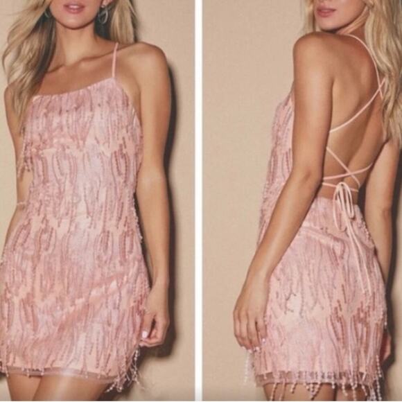 Lulu’s Making Magic pink fringe lace up mini dress size large - Picture 1 of 8